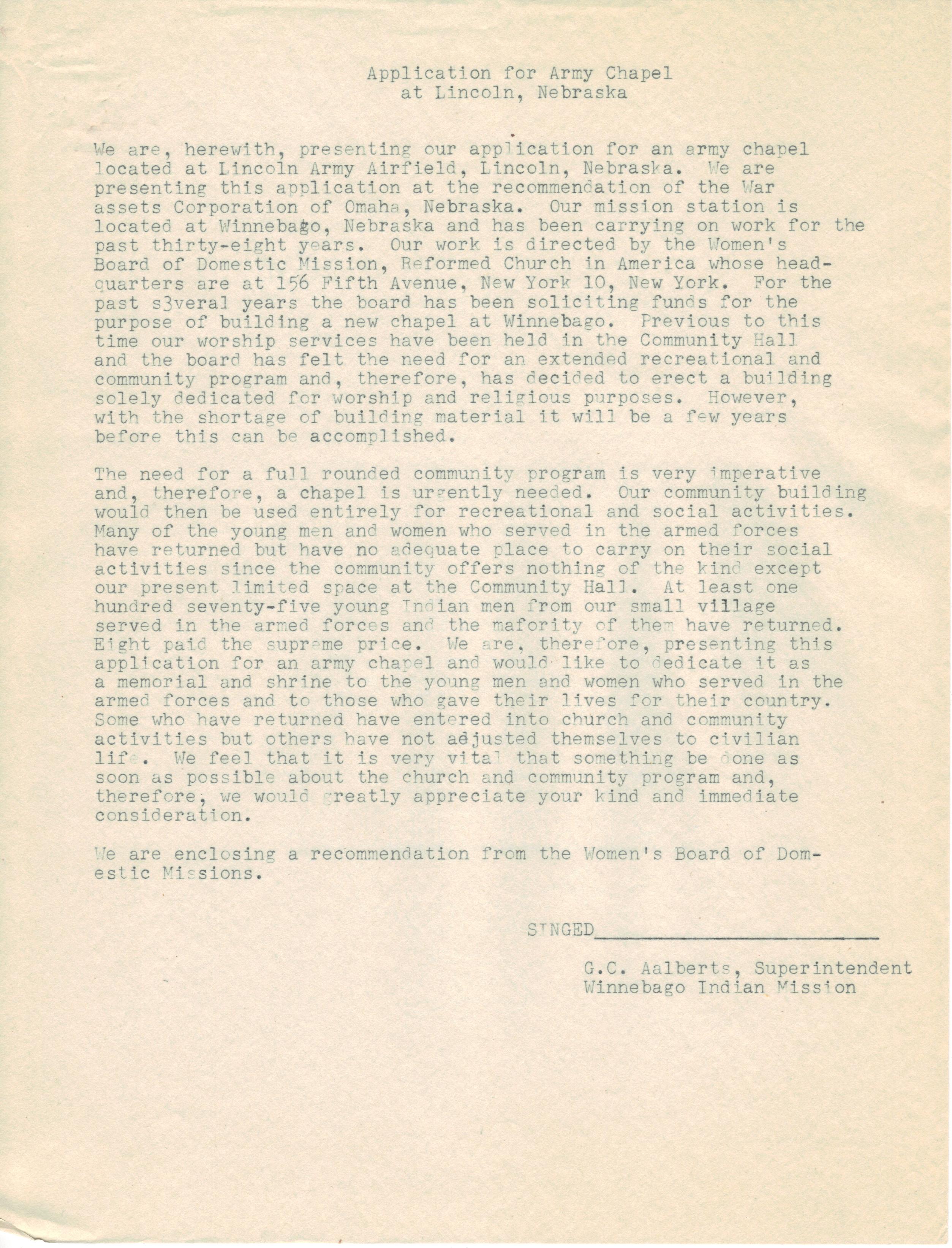 Application for Lincoln, Nebraska, chapel